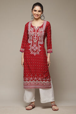 Red LIVA Straight Kurta image number 1